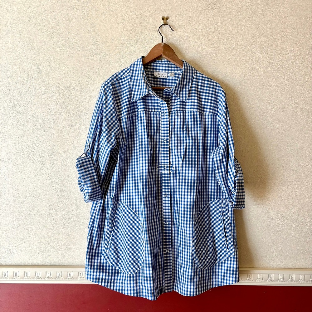 Joan Rivers Cotton Poplin Gingham Button Up Tunic Top Size 1X Blue White Pockets - Picture 9 of 12